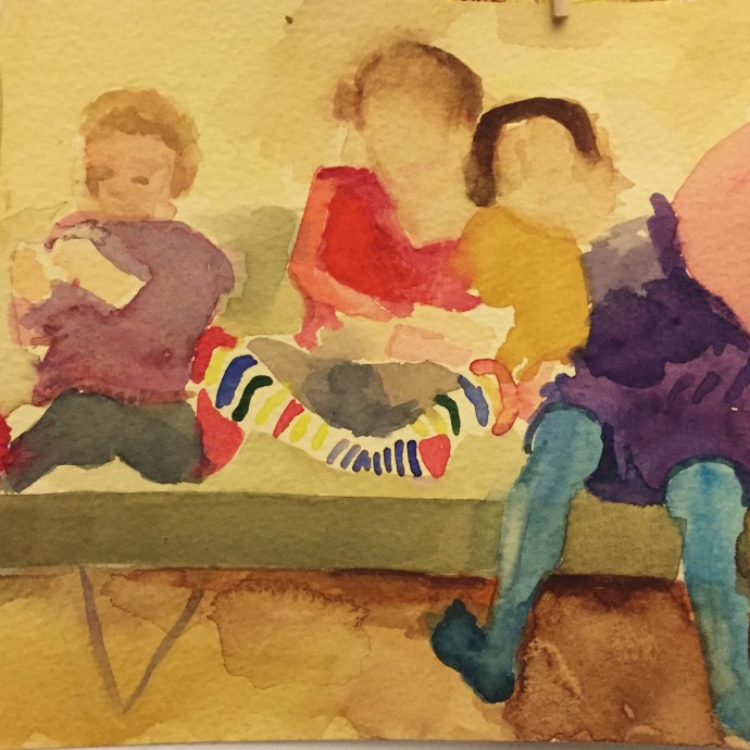 "P, E, and E on the couch" 3"x6", Watercolour, 2013.