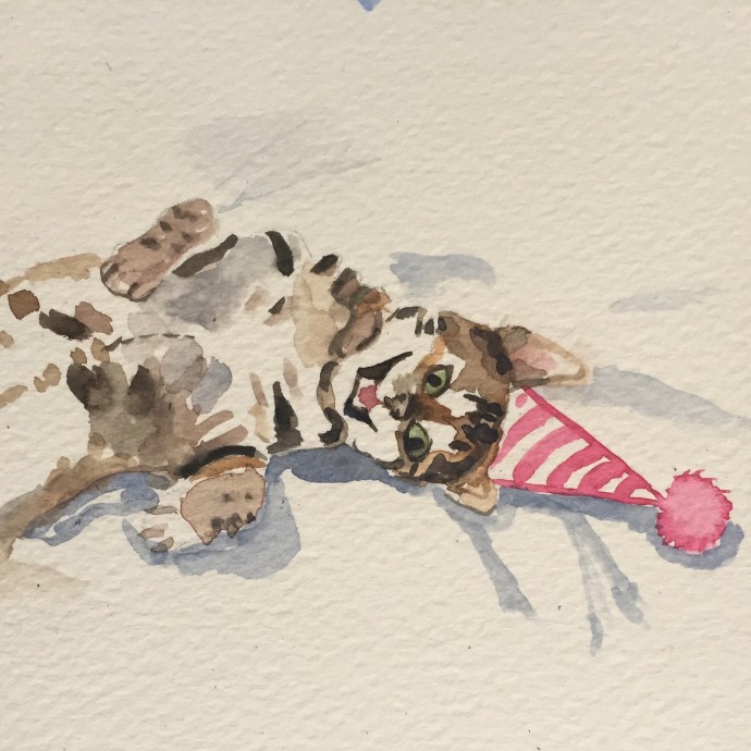 "Party Cat" Watercolour, 3"x5", 2016.